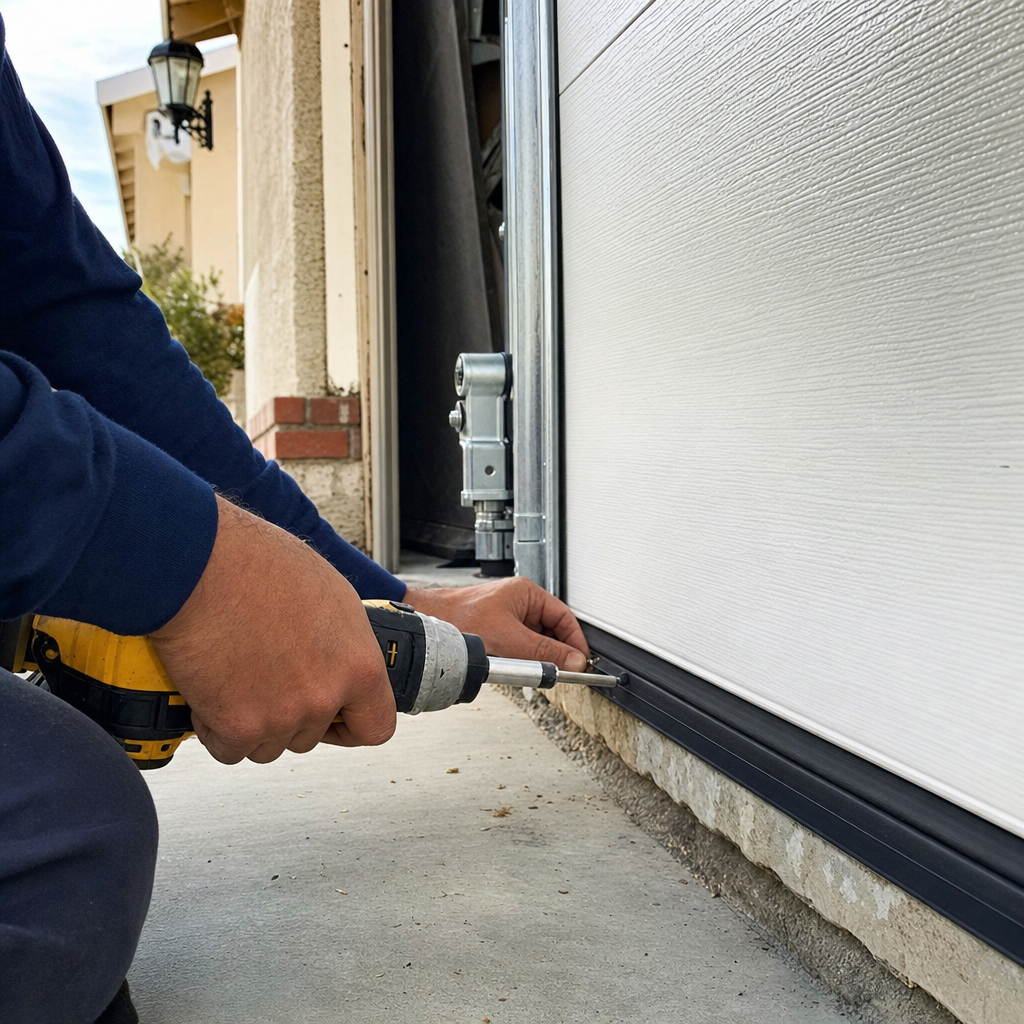 Garage door installation, replacing seal, professional installer with screwdriver.