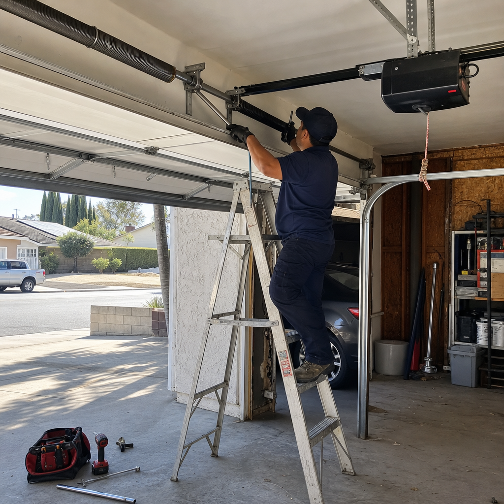 Garage door spring repair by technician on ladder
