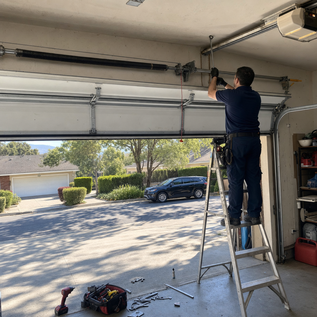 Garage door repair technician working on spring system