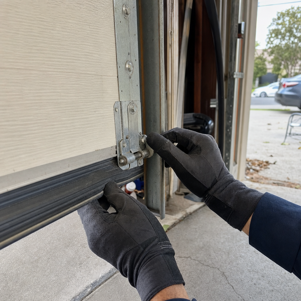 Gloved hand adjusting garage door hinge for emergency repair in Commerce, CA