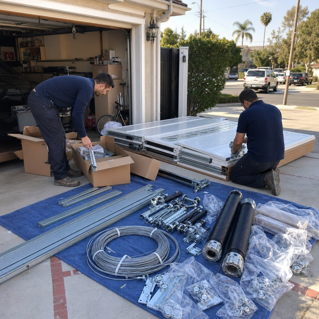 Garage door installation parts laid out for professional installation. in Acton, CA