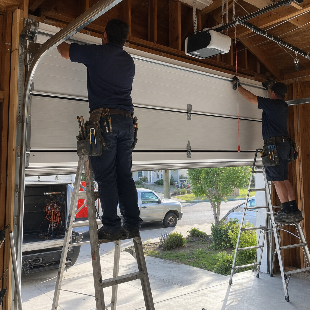 Technicians installing a garage door on ladders in Acton, CA