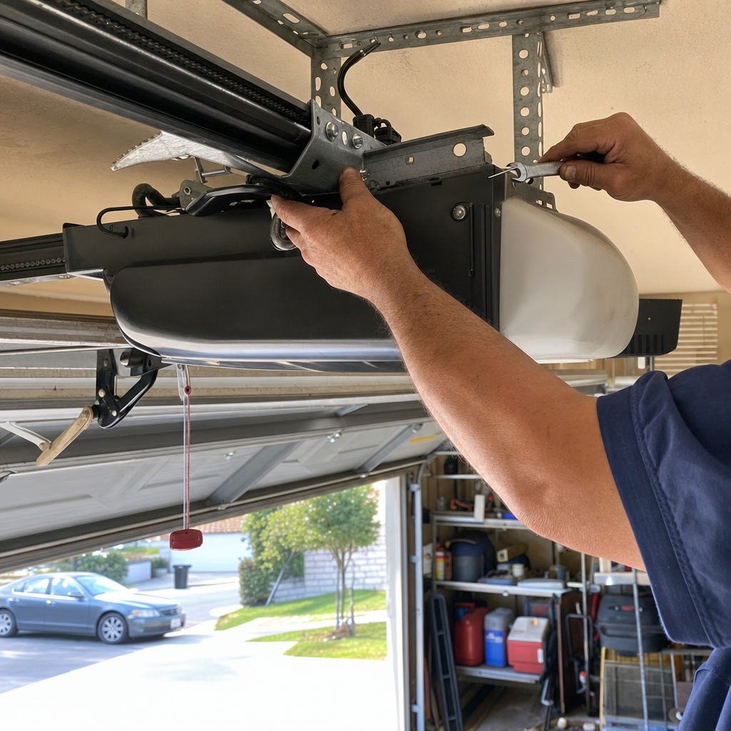 Technician adjusts garage door opener motor with wrench in Tujunga, CA