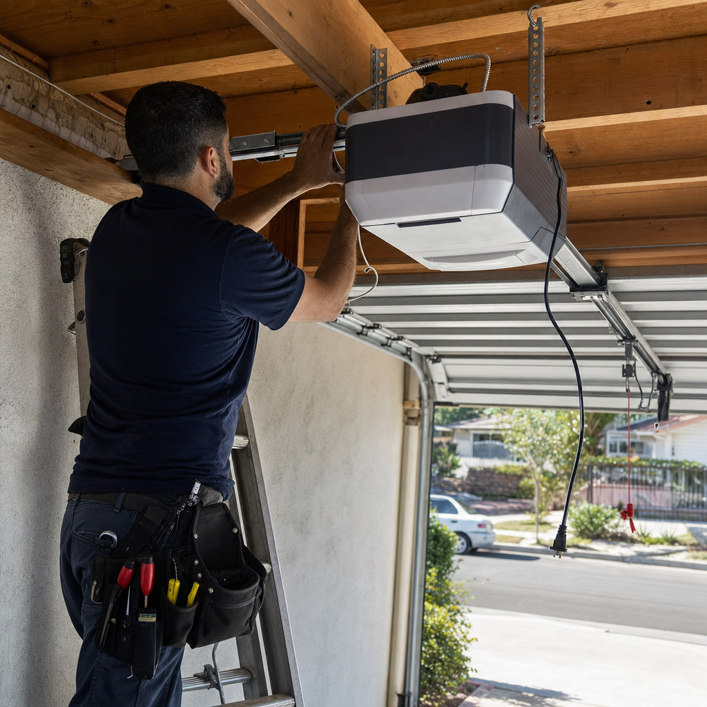 Technician installing garage door opener on ceiling track in Tujunga, CA
