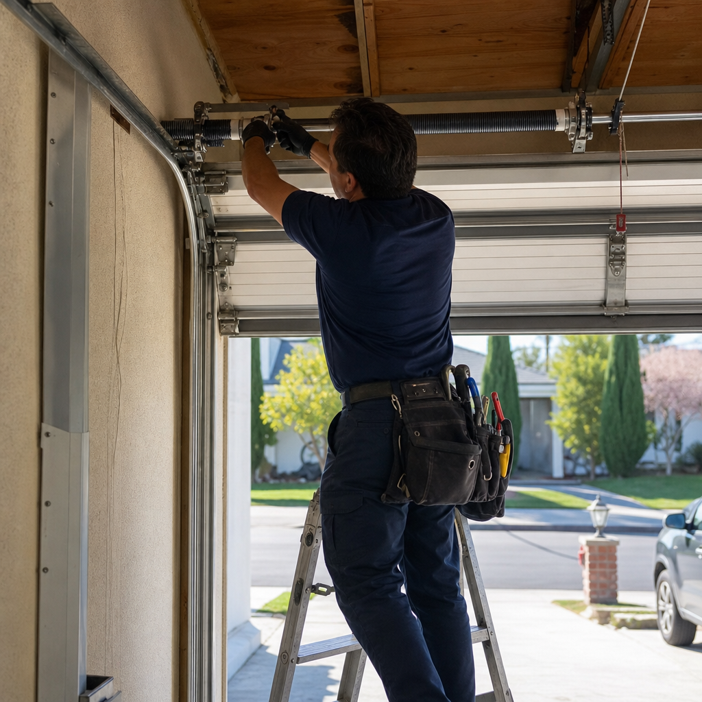 Technician working on garage door parts with tools and ladder in Tujunga, CA